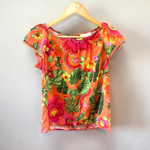 NEW Cynthia Rowley Womens Floral Print Orange Top S Linen/Rayon‎ Blend - Picture 1 of 7